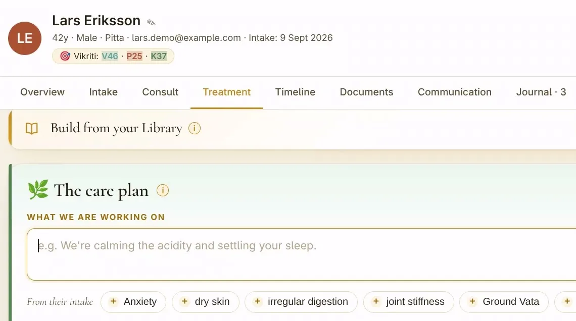 The Treatment tab of the MyDosha practitioner portal for a demo patient, showing the start of the care plan: an empty What we are working on field and suggestions drawn from the patient's intake