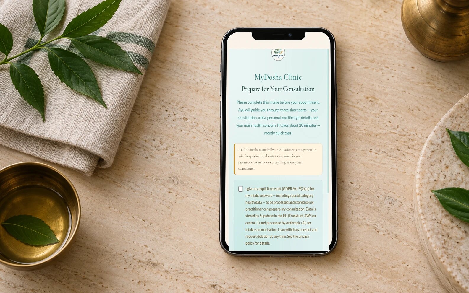 A client’s phone showing the MyDosha intake welcome screen, with the AI notice and consent step