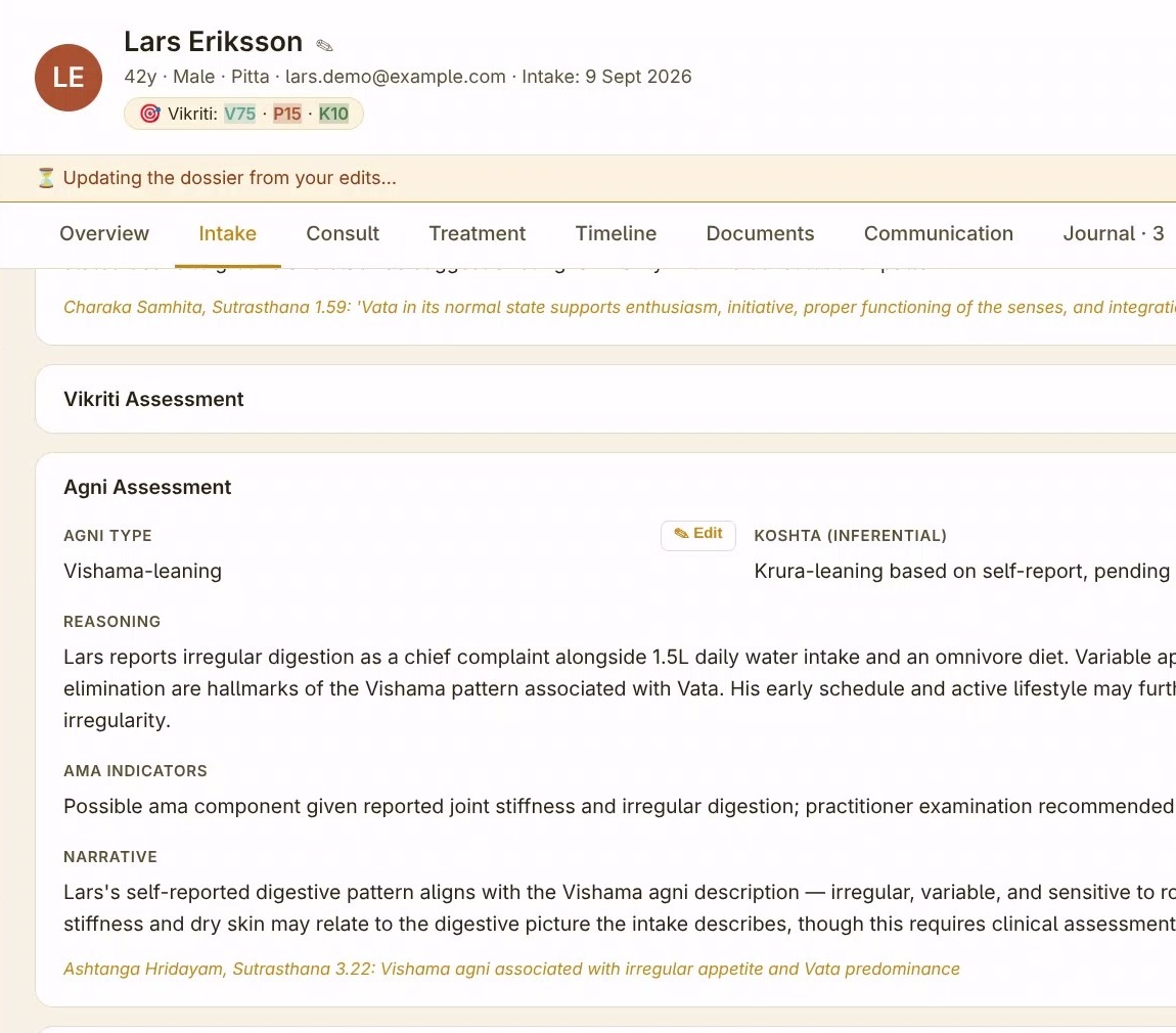 The Intake tab of the MyDosha practitioner portal for a demo patient, showing the Agni assessment built from the patient's self-report, with a classical reference